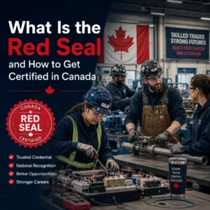 Red Seal Certification Canada the image shows a number of men and women practicing a variety of trades including electrical and plumbing. They are taking a red seal course. there is a red seal logo on top with a canada flag at the back.