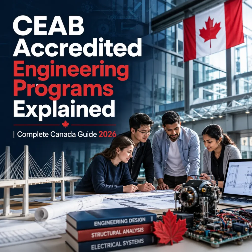 CEAB accredited engineering programs in Canada guide 2026 featuring engineering students, Canadian flag, blueprints, bridge model, and technical design tools.