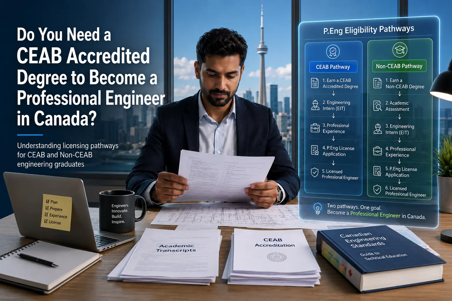 Do You Need a CEAB Accredited Degree to Become a P.Eng? - Internationally educated engineer reviewing licensing documents and CEAB vs non-CEAB engineering pathways in a modern Toronto office with skyline background