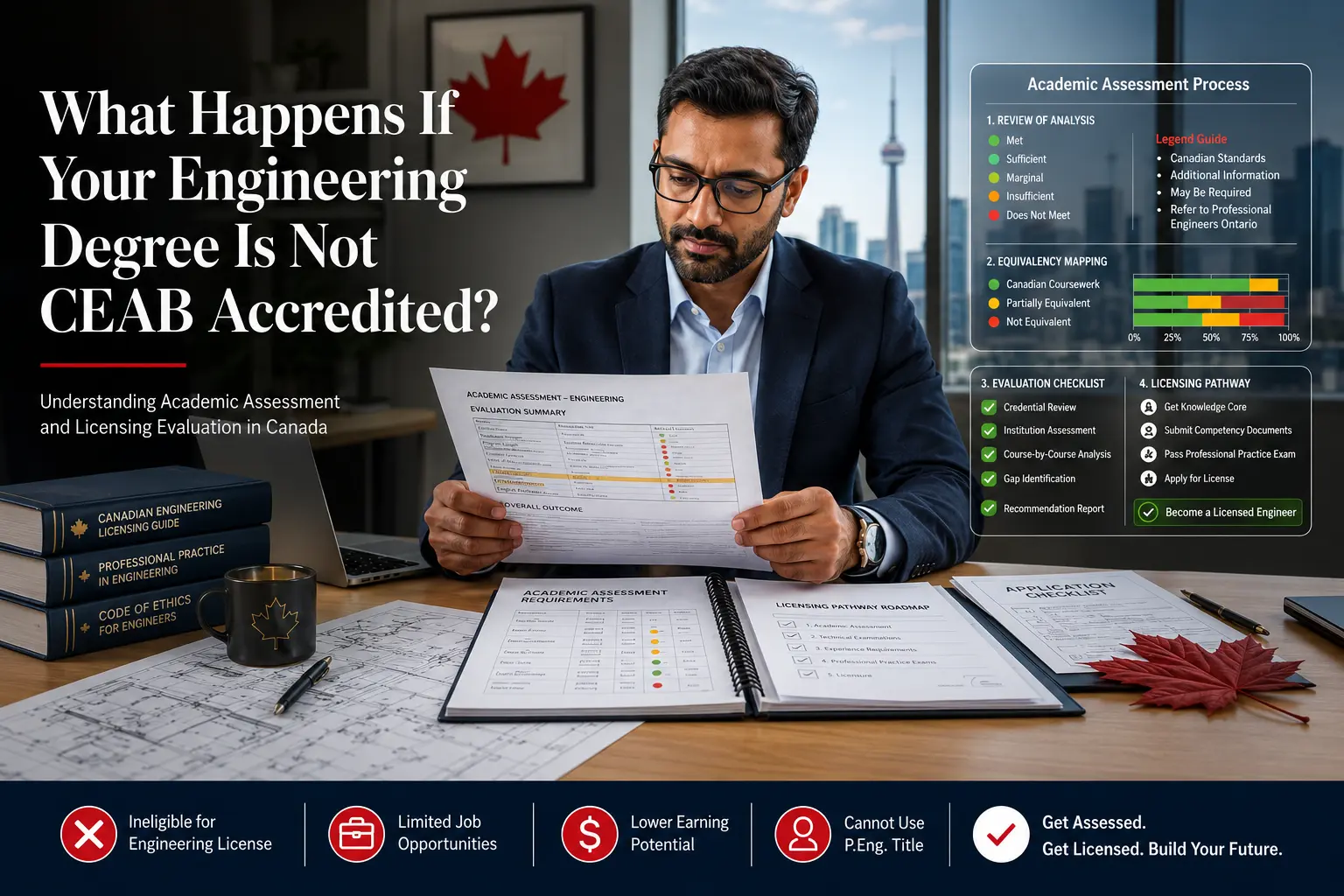 Engineer analyzing academic assessment reports and engineering accreditation documents showing CEAB evaluation process in a Canadian regulatory office